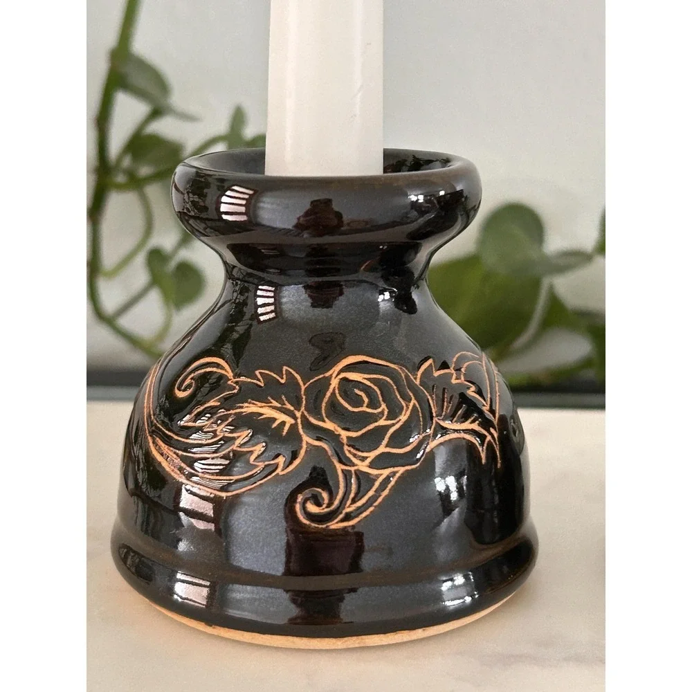 Pair of Etched Ceramic Oil Lamps, Candlesticks,‎ or Bud Vases